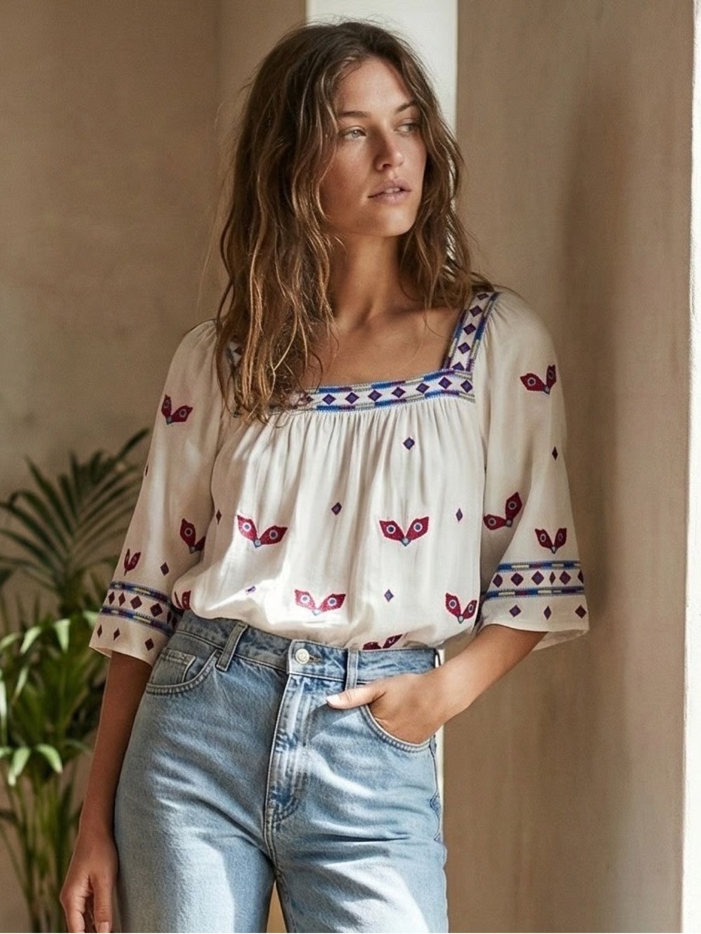 ba&sh Jay Embroidered Square Neck Blouse, Sz 0